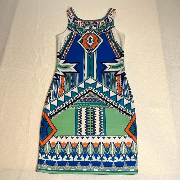 Peach Puff Dress Womens Small Blue Green Aztec Sleeveless Bodycon Geometric Mini - Picture 3 of 14